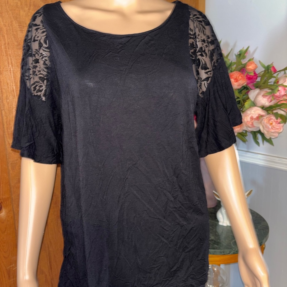 Andrea Jovine Black Lace Shoulder Flutter Sleeve Top